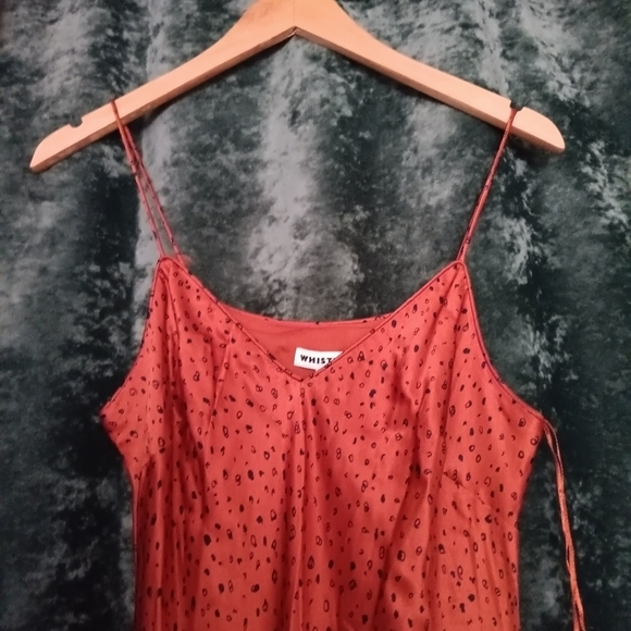 Whistles Rust Polka Dot Satin Bias Cut Slip Midi Dress Spaghetti Strap US 6 - Picture 5 of 12